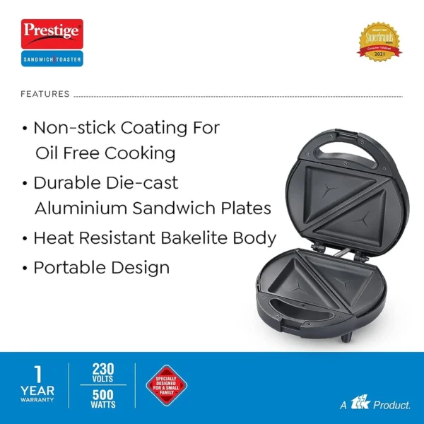 Prestige PSSP Single Sandwich Toaster with Fixed Sandwich Plate (500W, Black, Non-Stick) - Image 3