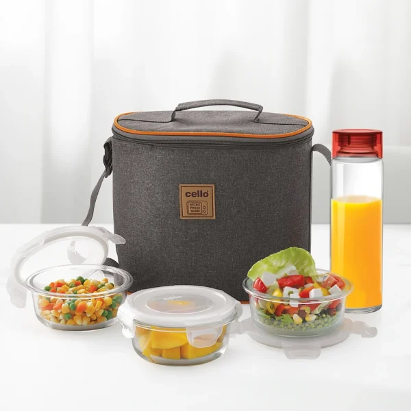 Cello Royale 4 Borosilicate 400ml Glass Container Lunch Box Round With Glass 500ml Water Bottle Combo