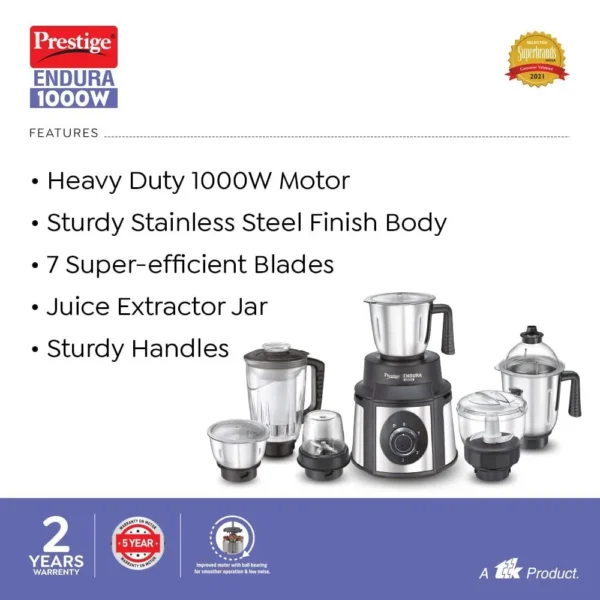 Prestige Endura 1000W Electric Mixer Grinder With Juicer Jar | 6 Jars - Image 2