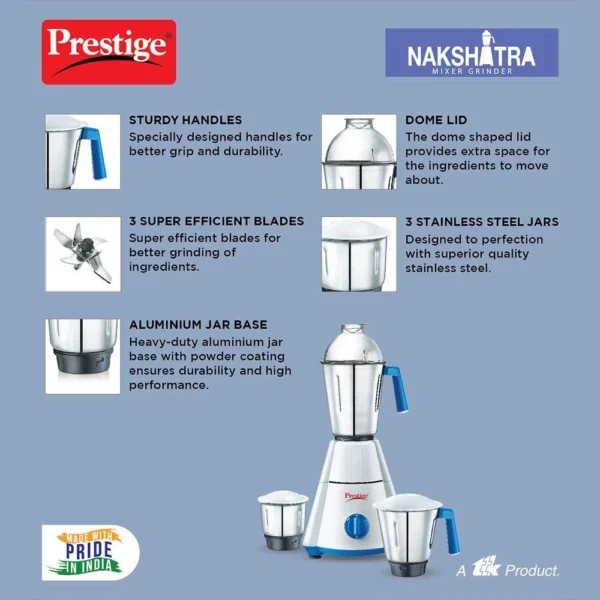 Prestige Nakshatra V2 550-Watt 3 Stainless Steel Jar Electric Mixer Grinder - Image 3