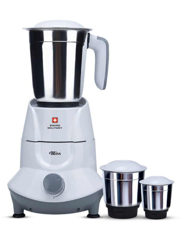 Swiss Military Bliss 3 Stainless Steel Jars Electric Mixer Grinder, 500 Watts | White | 3 Level Speed Control
