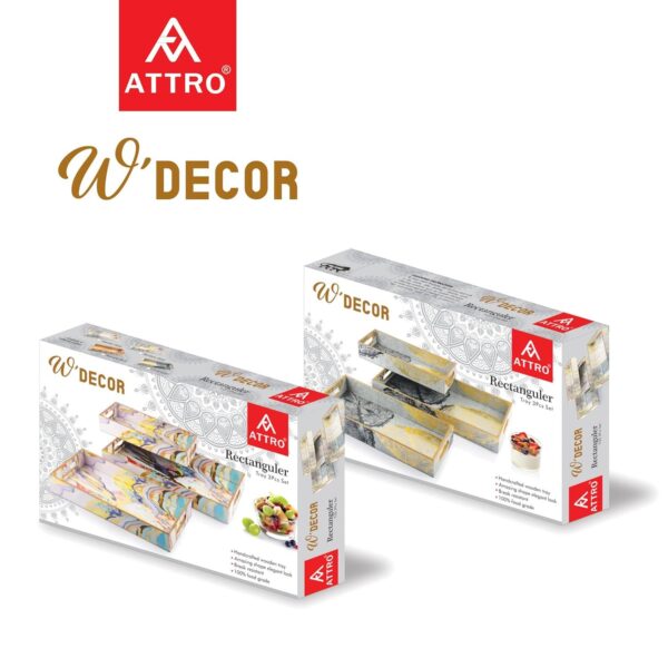 Attro WDecor 3 Pieces Wooden Serving Tray Set Rectangular Marble Gold - Image 4
