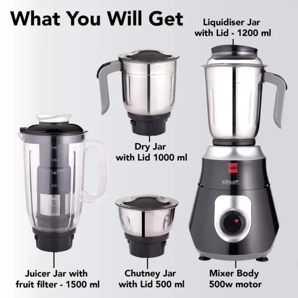 Cello Nexon Pro Plus 4 Jar Electric Mixer Grinder 500W | 3 Stainless Steel Jar & 1 Juicer Jar - Image 4