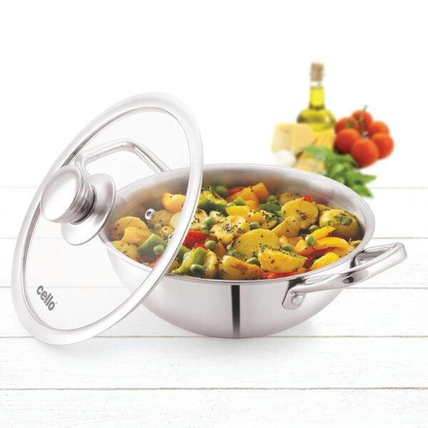 CELLO Tri-Ply Pro 24 cm Stainless Steel Kadhai With Glass Lid, 2.6 LTR Induction Friendly - Image 2