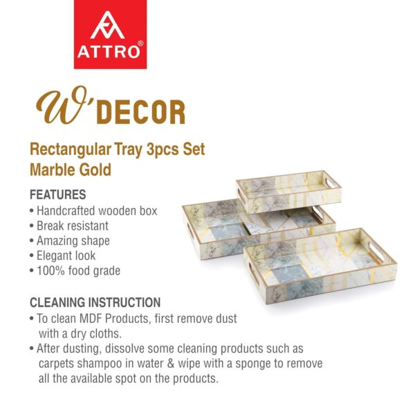 Attro WDecor 3 Pieces Wooden Serving Tray Set Rectangular Marble Gold - Image 2