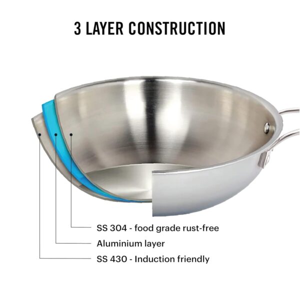 CELLO Tri-Ply 30cm Stainless Steel Kadhai with Steel Lid 6 LTR Induction Friendly | Silver - Image 3