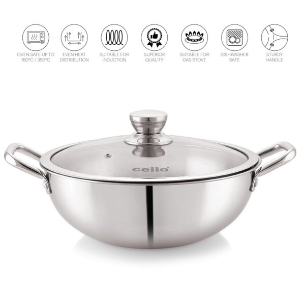 CELLO Tri-Ply Pro 24 cm Stainless Steel Kadhai With Glass Lid, 2.6 LTR Induction Friendly - Image 4