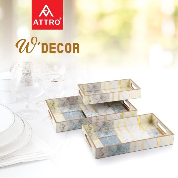 Attro WDecor 3 Pieces Wooden Serving Tray Set Rectangular Marble Gold - Image 3