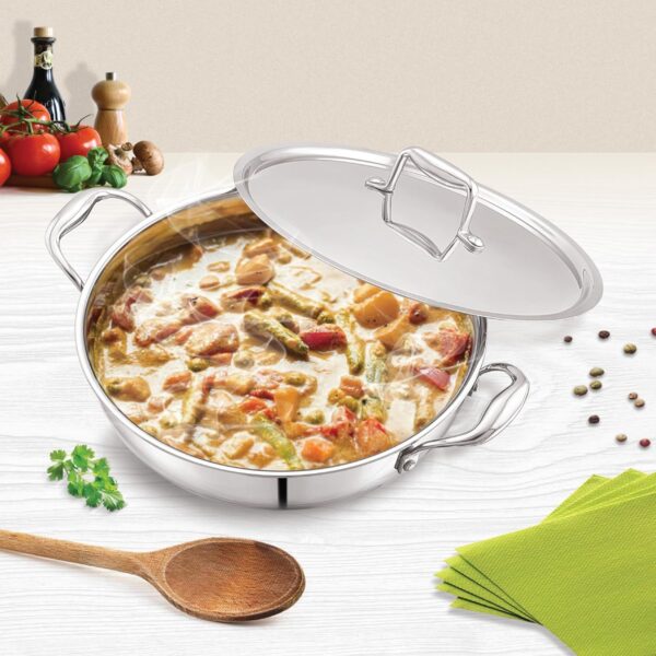 CELLO Tri-Ply 30cm Stainless Steel Kadhai with Steel Lid 6 LTR Induction Friendly | Silver - Image 2