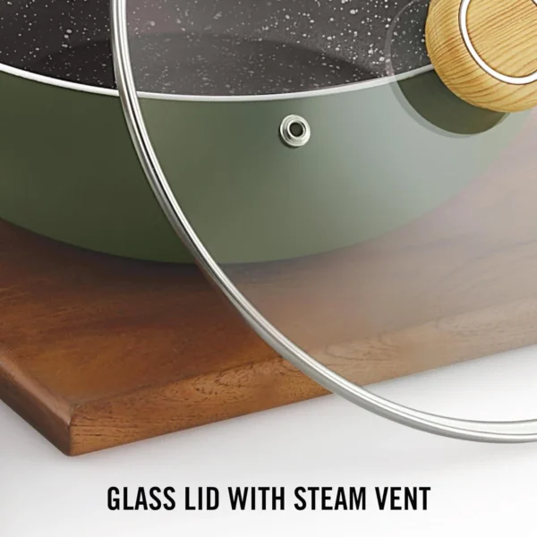 Cello Woody Deep Kadhai 24CM With Glass Lid Induction Base | Wooden Handle - Image 2