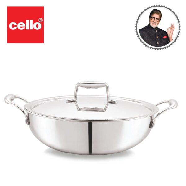 CELLO Tri-Ply 30cm Stainless Steel Kadhai with Steel Lid 6 LTR Induction Friendly | Silver