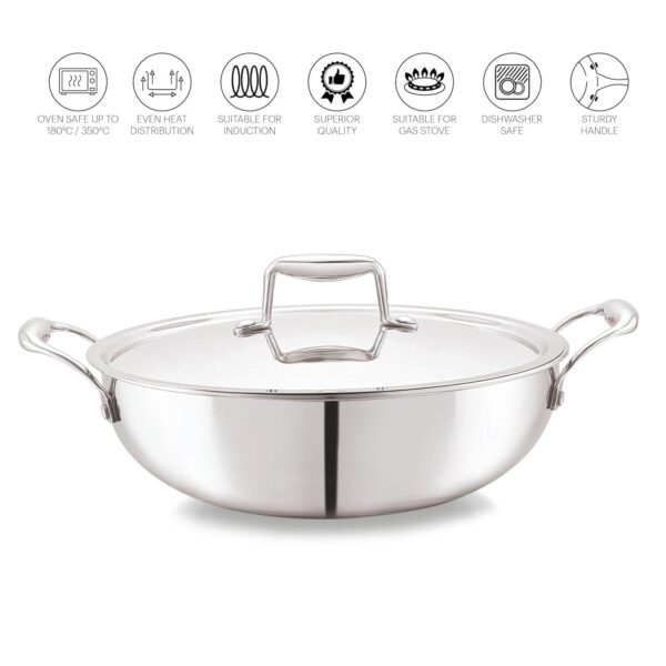 CELLO Tri-Ply 30cm Stainless Steel Kadhai with Steel Lid 6 LTR Induction Friendly | Silver - Image 4