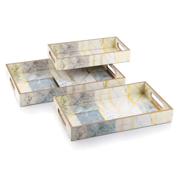 Attro WDecor 3 Pieces Wooden Serving Tray Set Rectangular Marble Gold