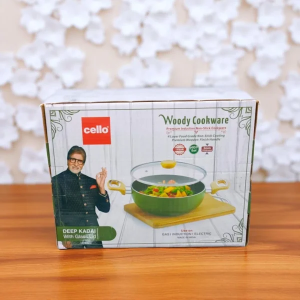 Cello Woody Deep Kadhai 24CM With Glass Lid Induction Base | Wooden Handle - Image 4