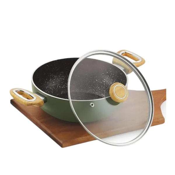 Cello Woody Deep Kadhai 24CM With Glass Lid Induction Base | Wooden Handle