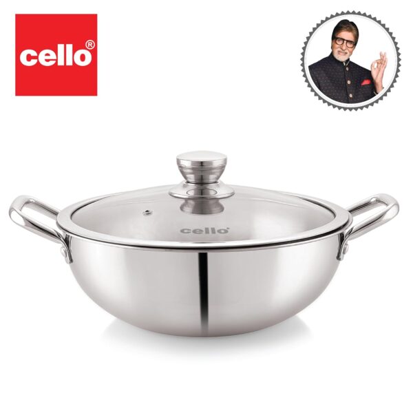 CELLO Tri-Ply Pro 24 cm Stainless Steel Kadhai With Glass Lid, 2.6 LTR Induction Friendly