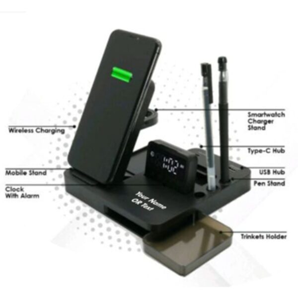 Fuzo ATB (Across The Board)  7 in 1: Desktop Gadget | Wireless Charging Pad | Clock with Alarm | Type C USB Hub | Smartwatch Charger Stand | Desktop Organizer - Image 3