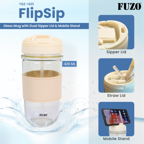 Fuzo FlipSip Glass Mug with Dual Sipper Lid & Mobile Stand - Image 2