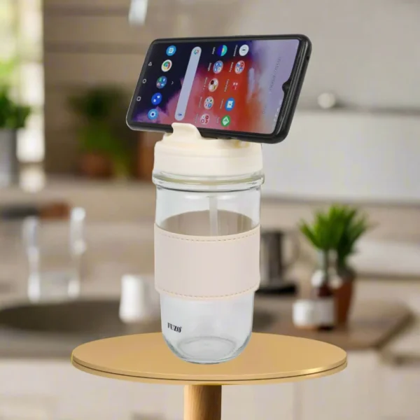 Fuzo FlipSip Glass Mug with Dual Sipper Lid & Mobile Stand