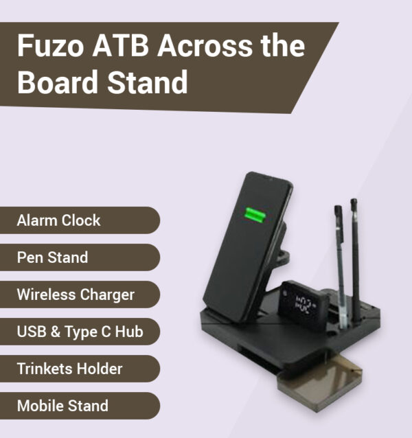Fuzo ATB (Across The Board)  7 in 1: Desktop Gadget | Wireless Charging Pad | Clock with Alarm | Type C USB Hub | Smartwatch Charger Stand | Desktop Organizer - Image 2