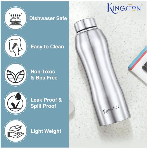Kingston Mega Slim Stainless Steel 2 Pieces Single Wall Fridge Water Bottle Combo Set 1000ml | Leak Proof | BPA Free | Stain Resistant Travel Friendly Bottle | Spill-Proof, Food Grade Steel | Fridge, Office, School, Travel, Gym, Car (Silver) - Image 2