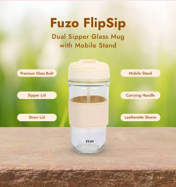 Fuzo FlipSip Glass Mug with Dual Sipper Lid & Mobile Stand - Image 3