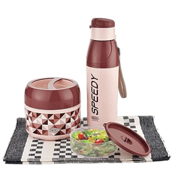 Asian Travel Pack Of 2 Piece (1pc Mini Meal Tiffin Box 650ml + 1pc Good Luck Executive Water Bottle 500ml)
