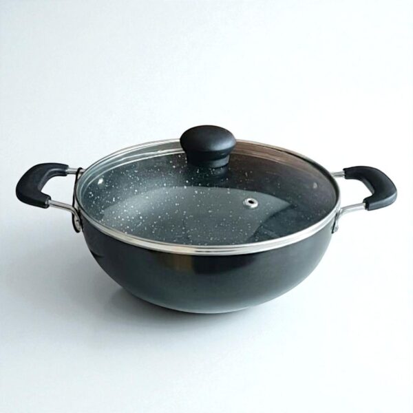 Hichef Deep Kadhai With Glass Lid No.12 4mm (220mm) Black Marble