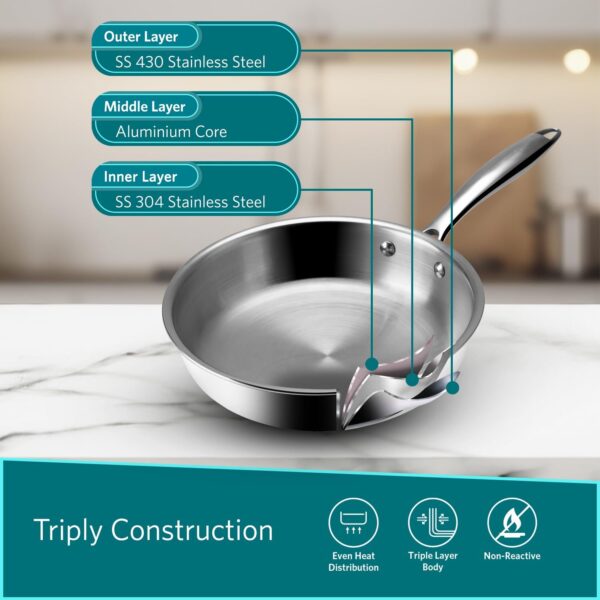 VAYA Hautechef Triply Stainless Steel Fry Pan, 24cm, 1.7L, Induction Compatible - Image 2