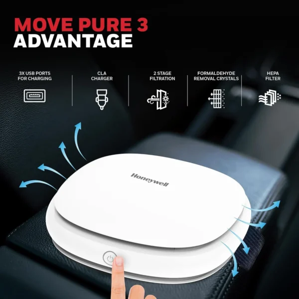 Honeywell Move Pure3 Car Air Purifier, Hepa filter & Formaldehyde which removes 99.9% dust & smoke - Image 2