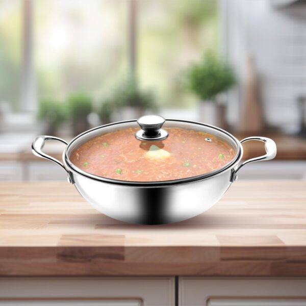 VAYA Hautechef Triply Stainless Steel Kadai with Glass Lid, 24cm, 2.5L, Induction Compatible - Image 3