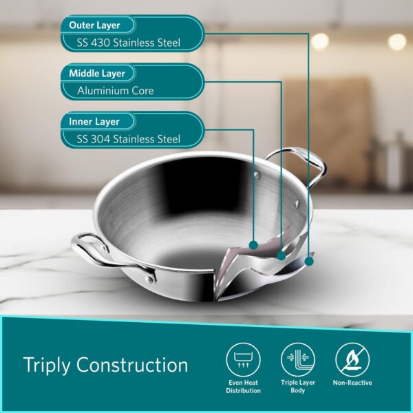 VAYA Hautechef Triply Stainless Steel Kadai with Glass Lid, 24cm, 2.5L, Induction Compatible - Image 2