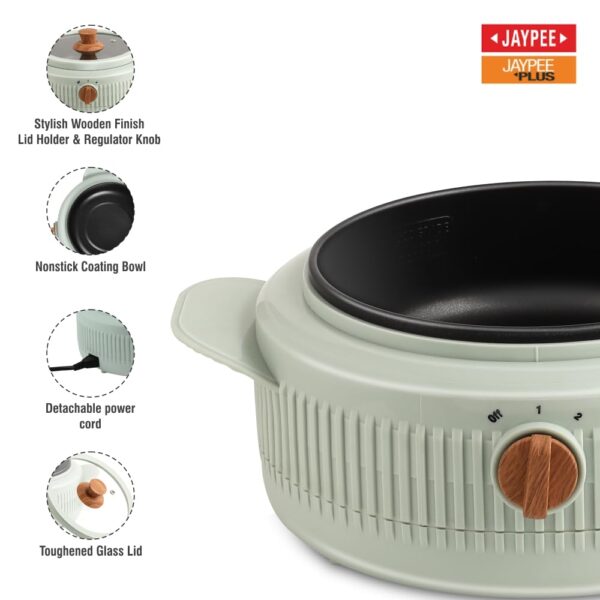 Jaypee Plus Cooksmart Electric Casserole with Teflon NonStick Coating Bowl for Reheating & Cooking, Serving Casserole Wooden Finish Lid 1.5 Ltr - Image 3