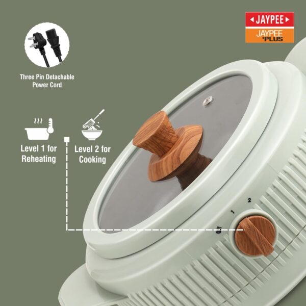 Jaypee Plus Cooksmart Electric Casserole with Teflon NonStick Coating Bowl for Reheating & Cooking, Serving Casserole Wooden Finish Lid 1.5 Ltr - Image 5