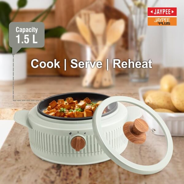 Jaypee Plus Cooksmart Electric Casserole with Teflon NonStick Coating Bowl for Reheating & Cooking, Serving Casserole Wooden Finish Lid 1.5 Ltr - Image 4