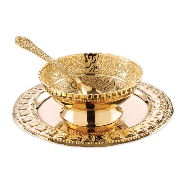 ATTRO Antique Elegant Design Copper Signature 24K Gold Plated 1 Bowl, 1 Spoon, 1 Tray Sets