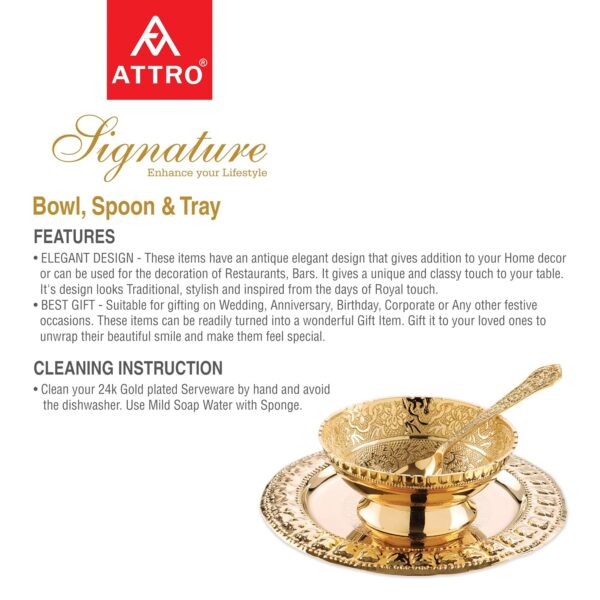ATTRO Antique Elegant Design Copper Signature 24K Gold Plated 1 Bowl, 1 Spoon, 1 Tray Sets - Image 3