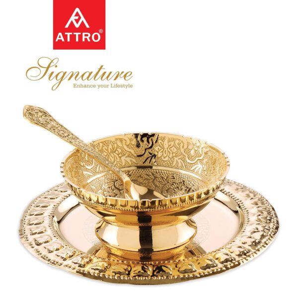 ATTRO Antique Elegant Design Copper Signature 24K Gold Plated 1 Bowl, 1 Spoon, 1 Tray Sets - Image 2