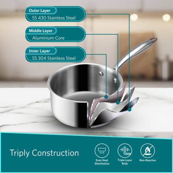 Vaya Hautechef Triply Stainless Steel Sauce pan 1 Ltr, 14CM, Induction Friendly - Image 2