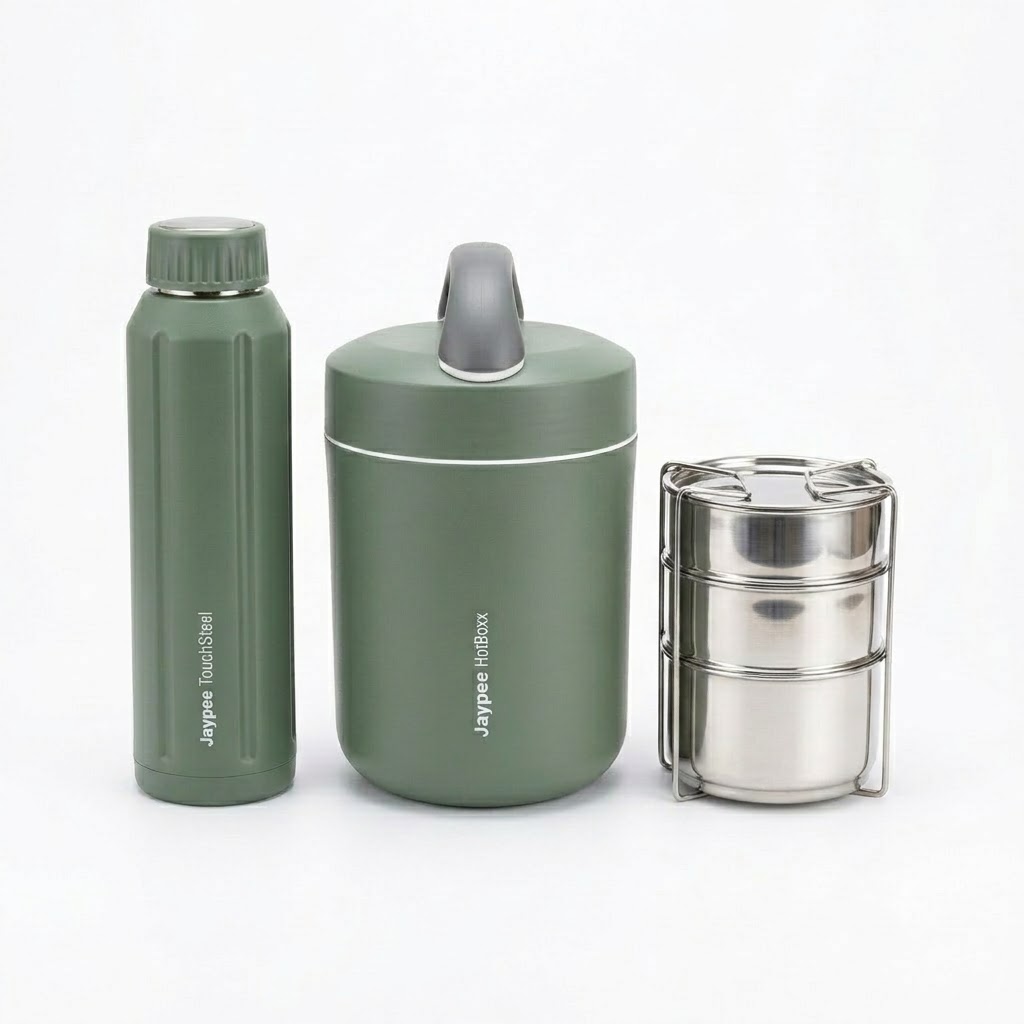 Jaypee Lunch Munch 2 Piece Combo Set with Hotboxx 3 Tiffin Box and Touchsteel Water Bottle