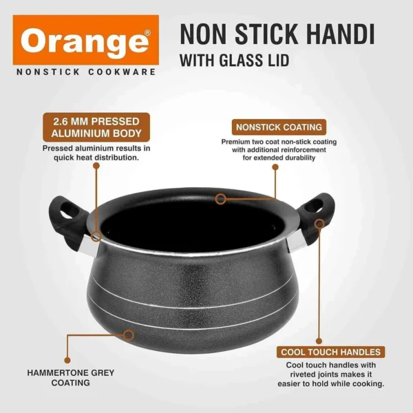 Orange Platina Series Nonstick Handi H-15 with Glass Lid - 3.7 Ltr - Image 4