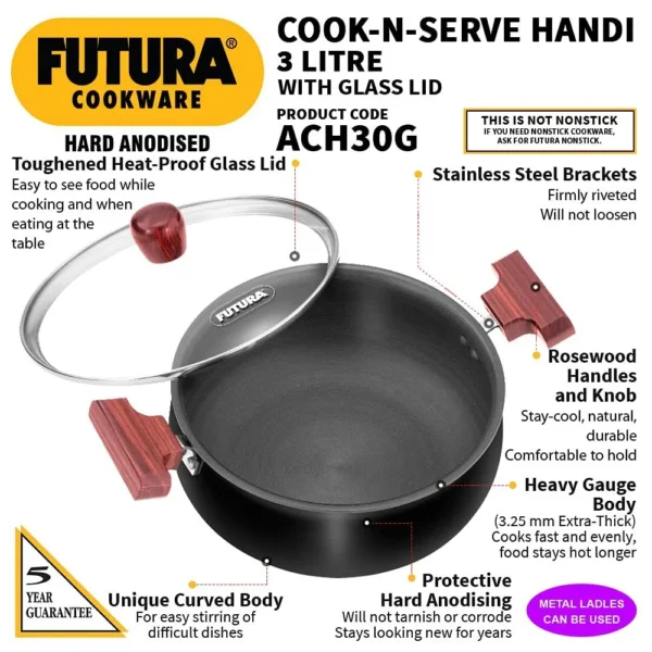 Hawkins Futura 2 Litre Cook n Serve Hard Anodised Biryani Handi with Glass Lid, 3L, 20CM (ACH30G) - Image 3