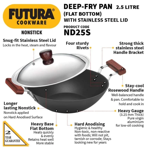 Hawkins Futura ND25S Nonstick Deep-Fry Pan with SS Lid - 2.5 Ltr - Image 3