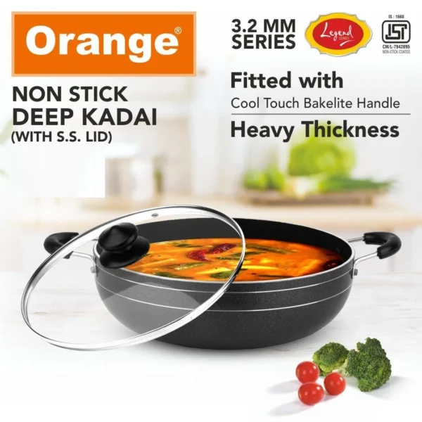 Orange Legend Series Nonstick 3.2mm Deep Kadai with Glass Lid - 3.5Ltr (KDGL14)