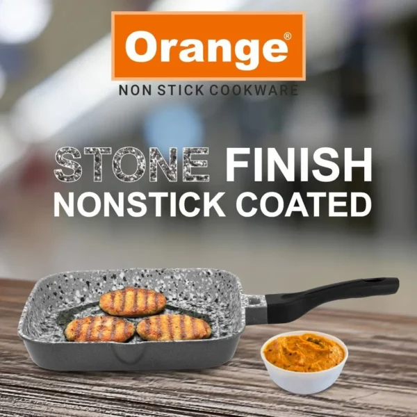 Orange Stone Finish Nonstick Heavy Coated Grill Pan with glass lid 220MM (ONSC384) - Image 2
