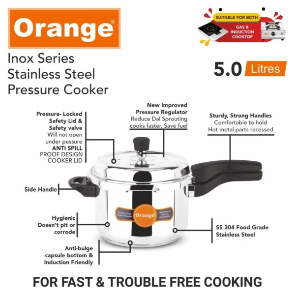 Orange Inox Series Stainless Steel Pressure Cooker 5 Ltr - Image 3