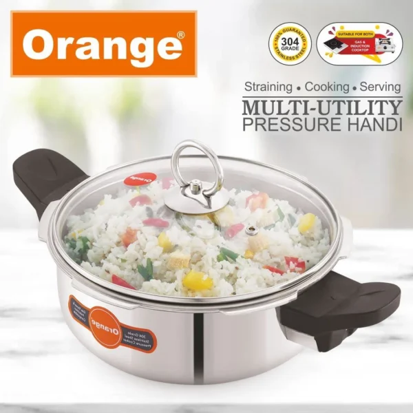 Orange Triply Stainless Steel Dome Outer lid Multi Utility Pressure Handi Cooker 3.5 Ltr - Image 2