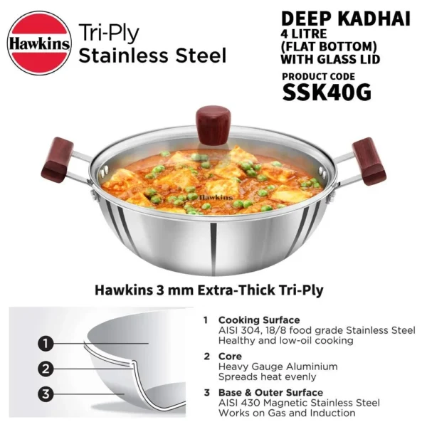 Hawkins Tri-Ply Stainless Steel SSK40G Deep Kadhai with Glass Lid- 4 Ltr 26cm - Image 3