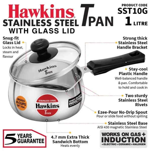 Hawkins SST10G Stainless Steel Induction Compatible Tpan with Glass Lid - 1 L - Image 3