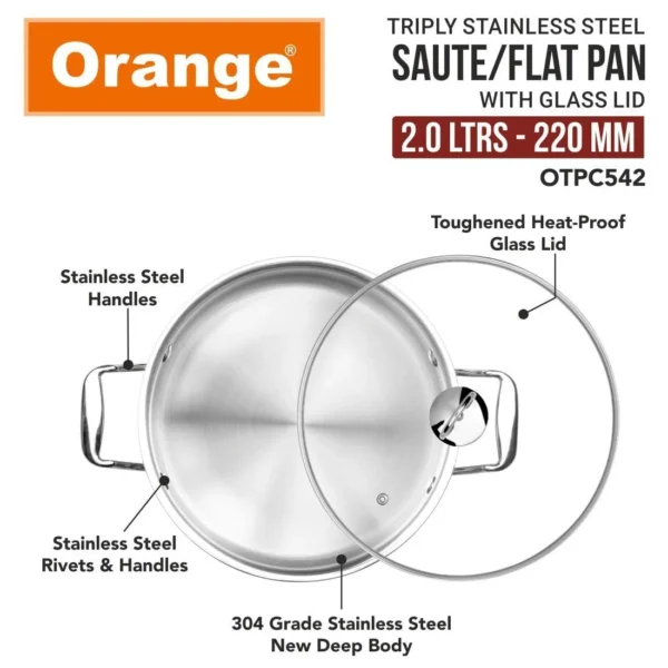 Orange Stainless Steel Triply Cook & Serve Fry Pan 2 Ltr 220mm (OTPC542) - Image 2